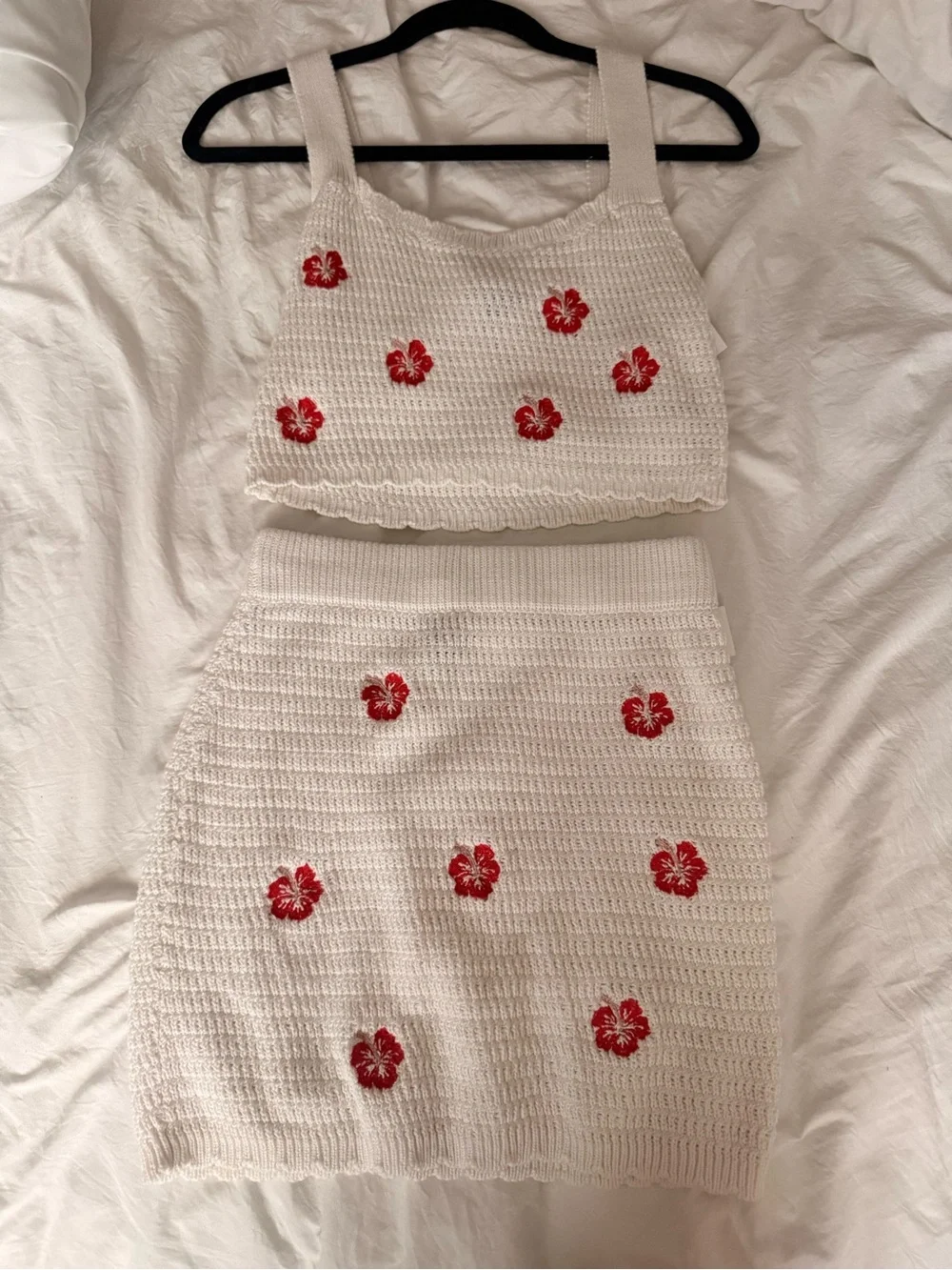 wild fable Cream Crochet Skirt Set with Red Flower Embroidery